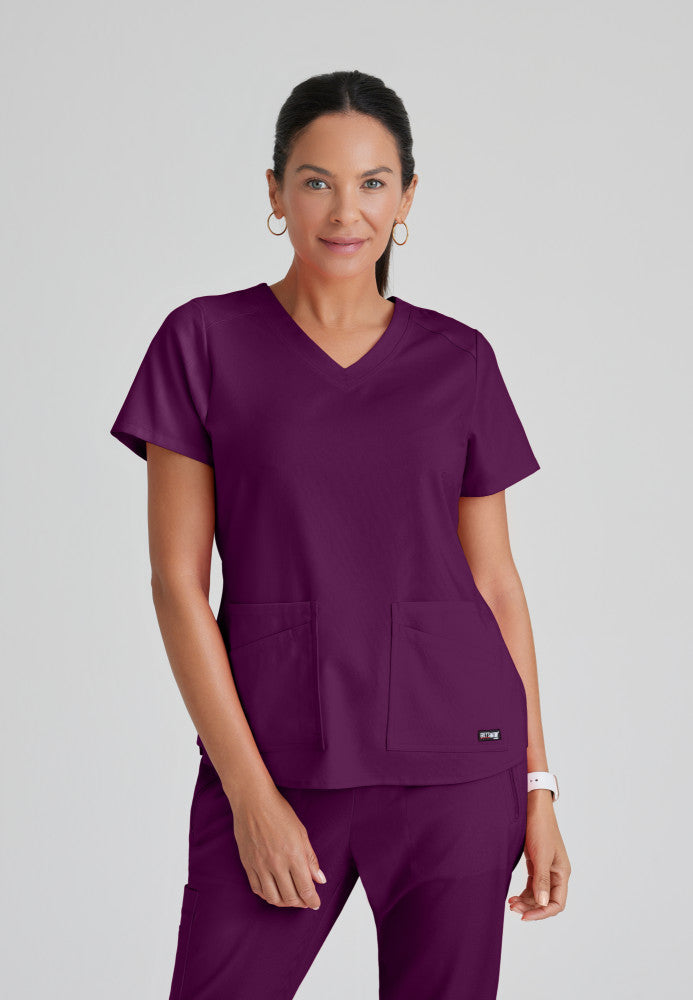 Grey's Anatomy Emma Top - 4 Pocket Scrub Top in Classic Colors Women's Scrub Top Grey's Anatomy Spandex Stretch Wine/Burgundy XXS 