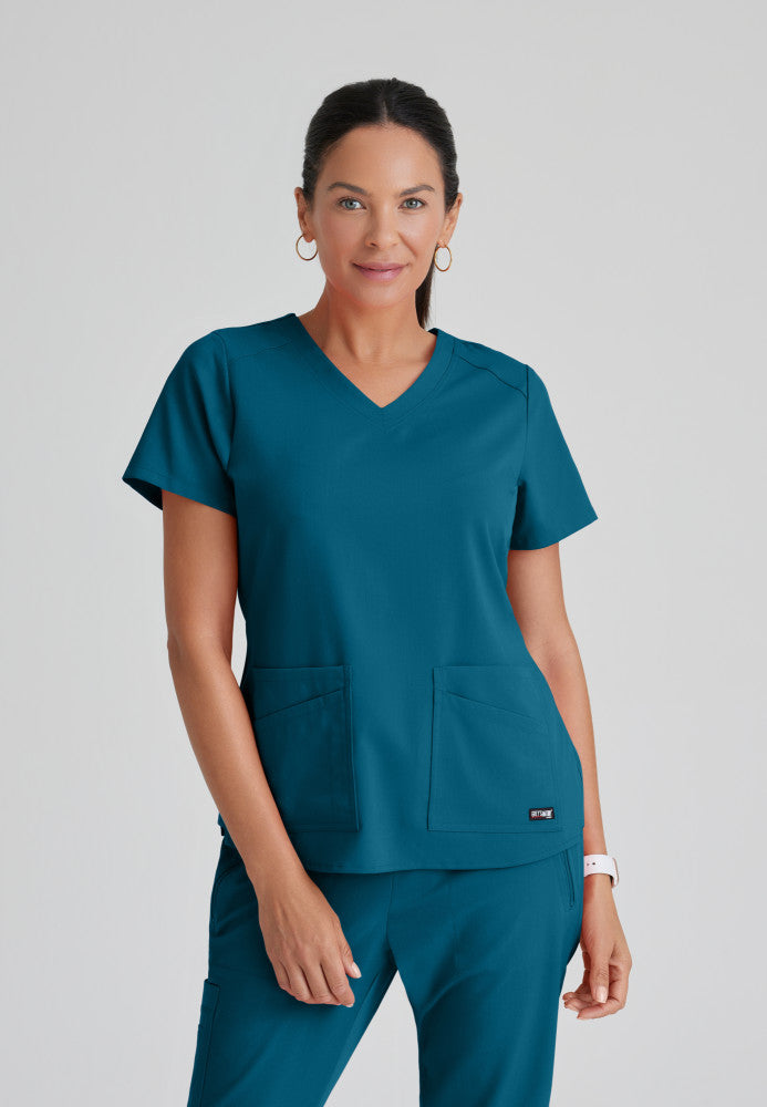 Grey's Anatomy Emma Top - 4 Pocket Scrub Top in Classic Colors Women's Scrub Top Grey's Anatomy Spandex Stretch Bahama/Caribbean Blue XXS 