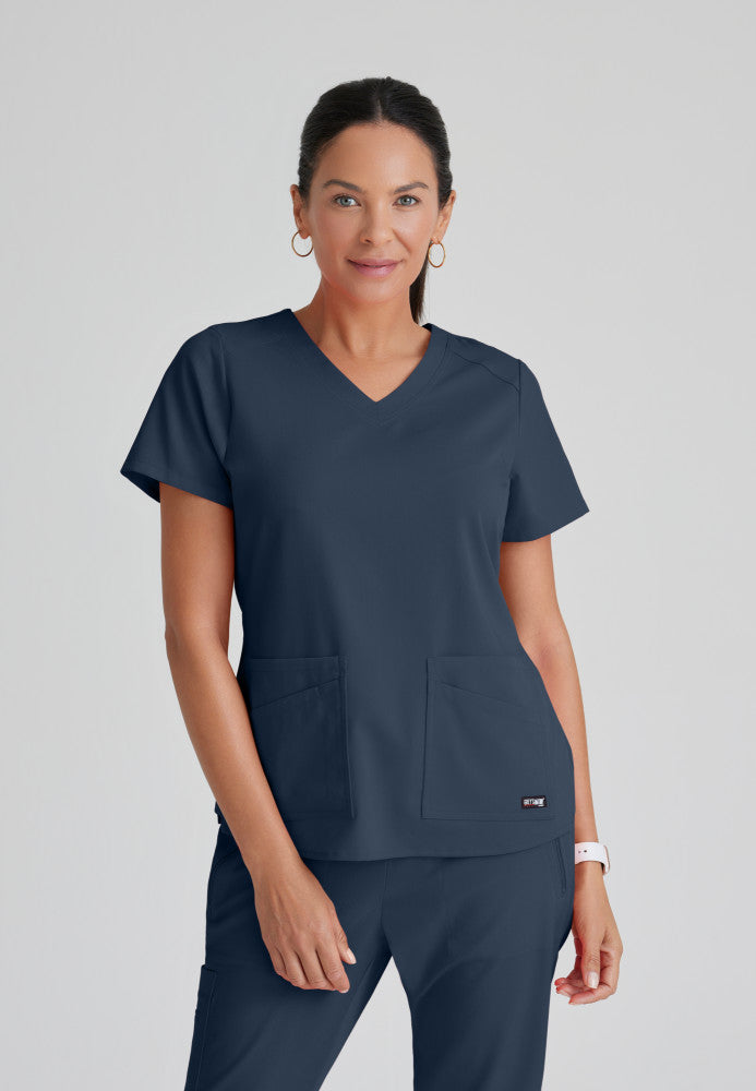 Grey's Anatomy Emma Top - 4 Pocket Scrub Top in Classic Colors Women's Scrub Top Grey's Anatomy Spandex Stretch Steel XXS 