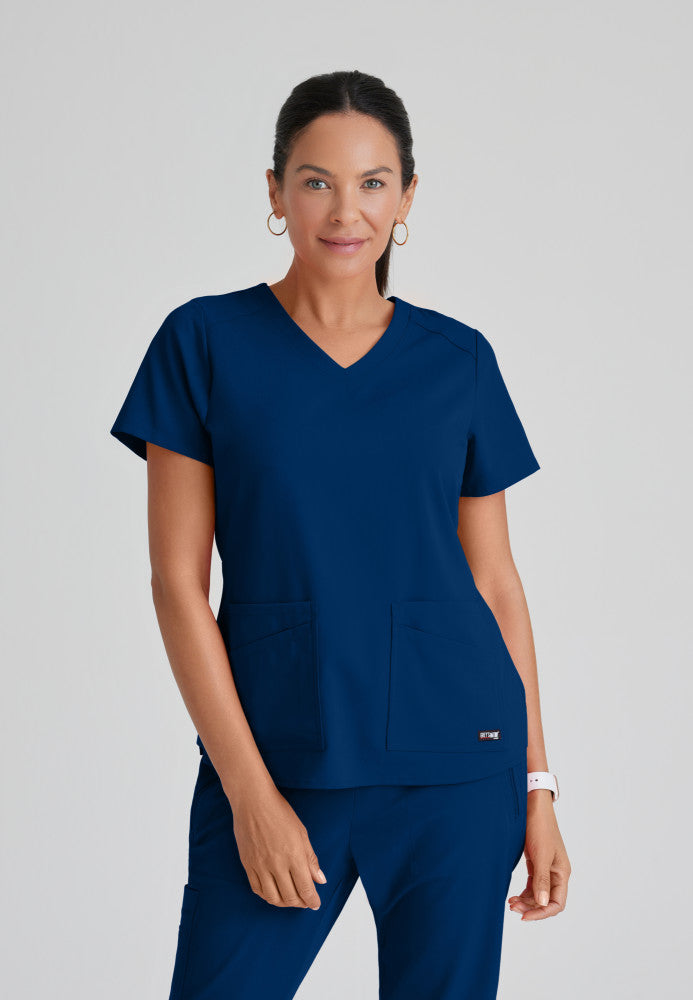 Grey's Anatomy Emma Top - 4 Pocket Scrub Top in Classic Colors Women's Scrub Top Grey's Anatomy Spandex Stretch Indigo/Navy XXS 