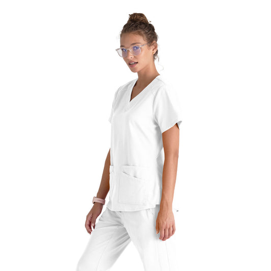 Grey's Anatomy Emma Top - 4 Pocket Scrub Top in Seasonal Colors Women's Scrub Top Grey's Anatomy Spandex Stretch White XXS 