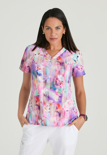 Barco One Floral Blooms Top - Women's Fashion Print V-Neck Scrub Top Women's Print Scrub Top Barco One XXS  