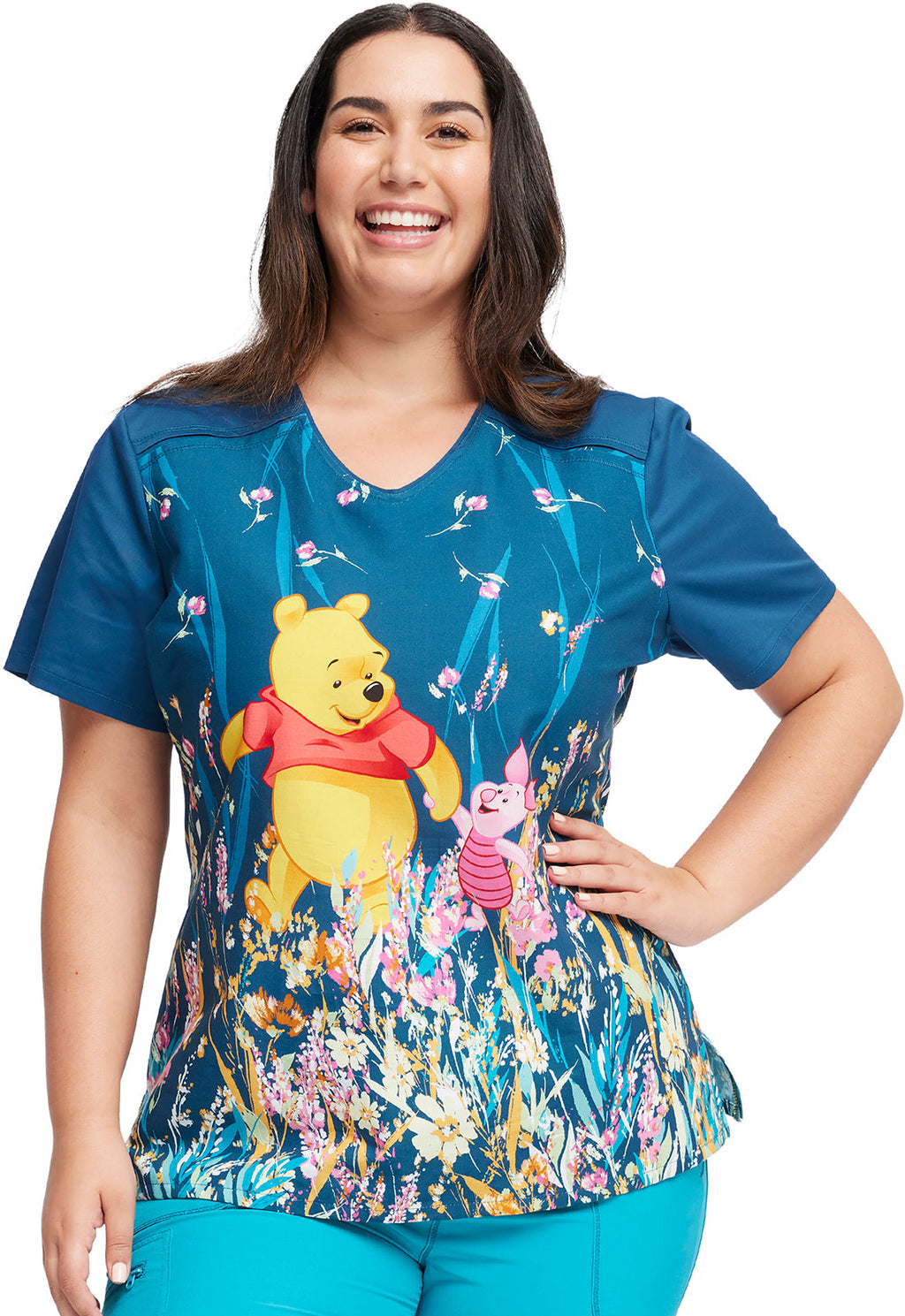 Winnie The Pooh Flower Walk Scrub Top Women's Print Top Cherokee Licensed XXS  