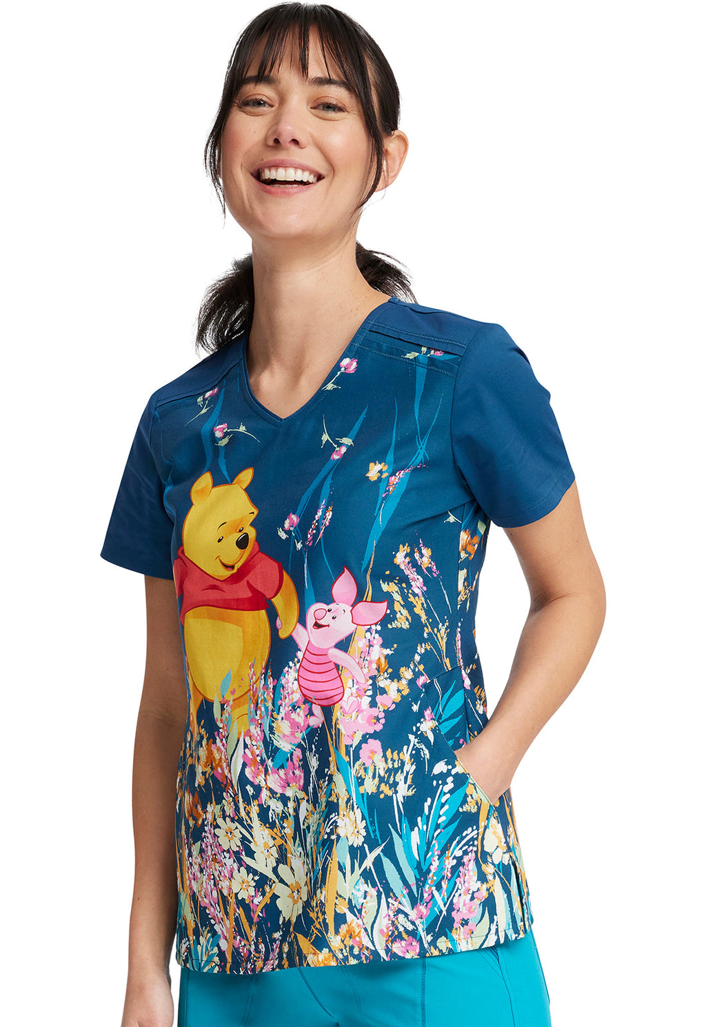 Winnie The Pooh Flower Walk Scrub Top Women's Print Top Cherokee Licensed   