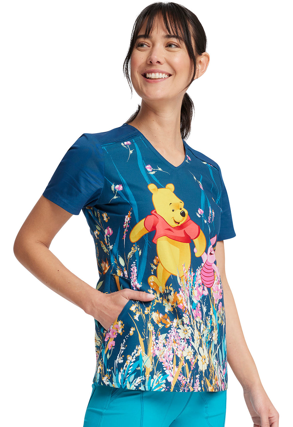 Winnie The Pooh Flower Walk Scrub Top Women's Print Top Cherokee Licensed   