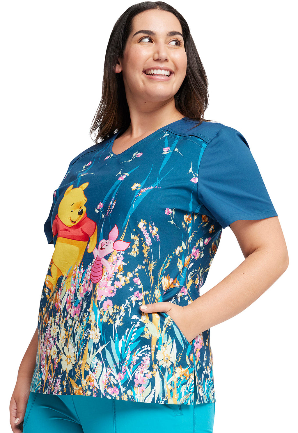 Winnie The Pooh Flower Walk Scrub Top Women's Print Top Cherokee Licensed   