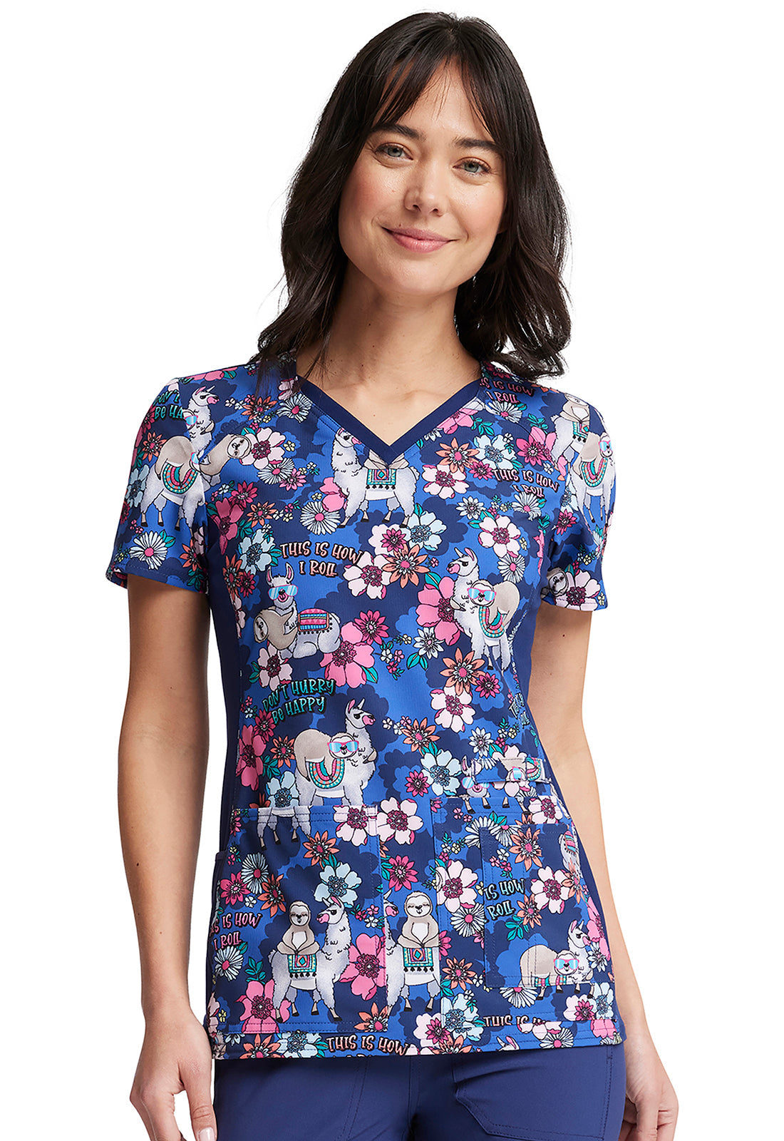 Cherokee iFlex | V-Neck Knit Panel Print Scrub Top Women's Print Top Cherokee iFlex Happy Pals XXS 