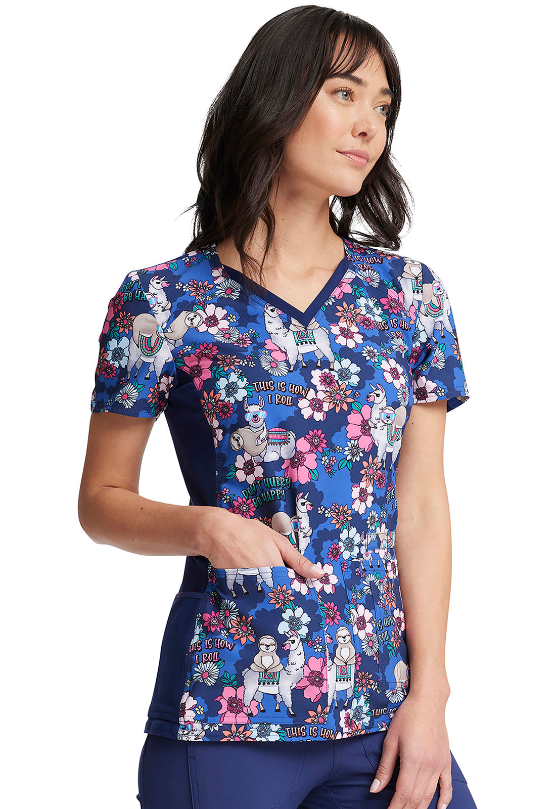Cherokee iFlex | V-Neck Knit Panel Print Scrub Top Women's Print Top Cherokee iFlex   