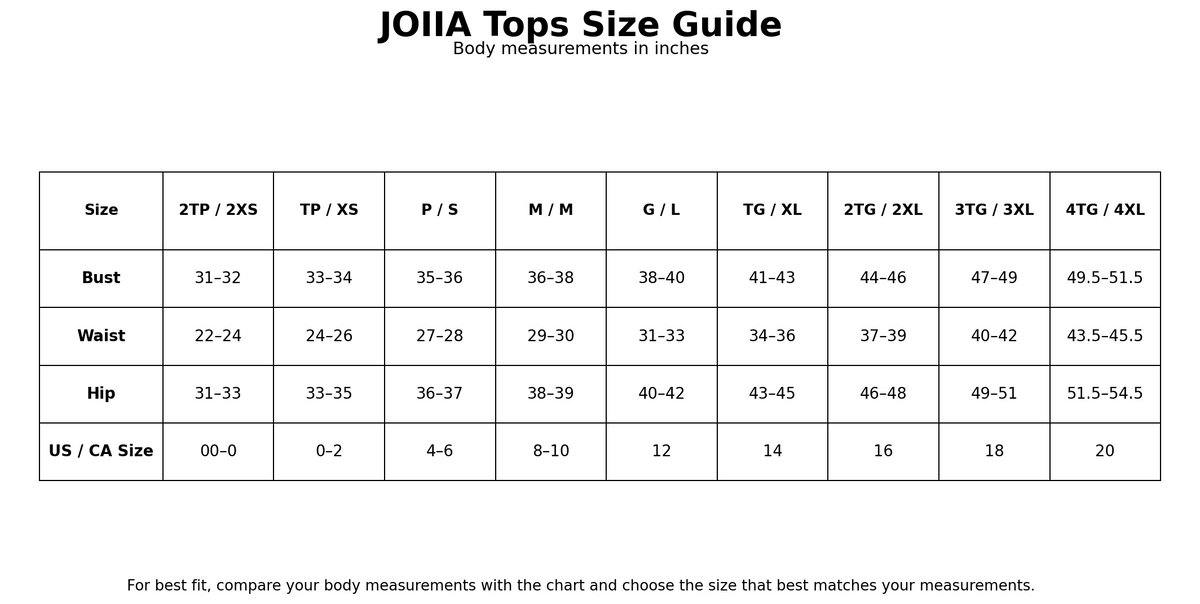 Size chart for Amelia Long Sleeve Underscrub