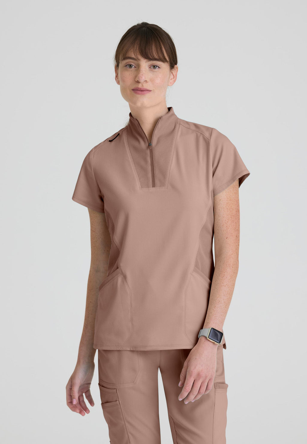 Kristi Zip Front Scrub Top Grey's Anatomy Spandex Stretch GRST292-MOCHA-XXS