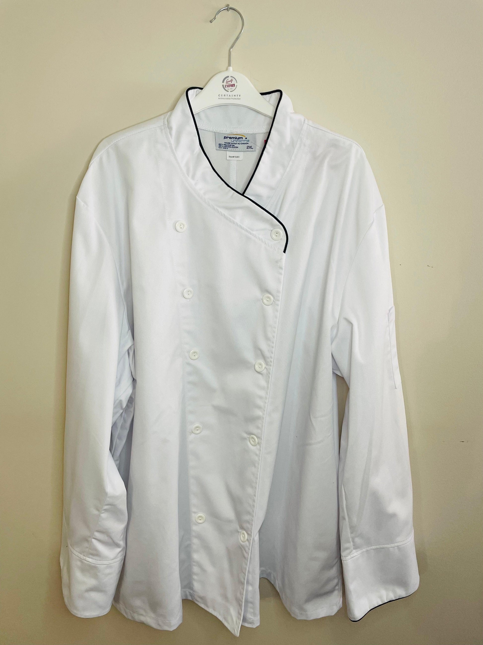 Long Sleeve White Chef Coat with black trim 2X and 4X only Chef Coat Premium Uniforms WHITE 2X 