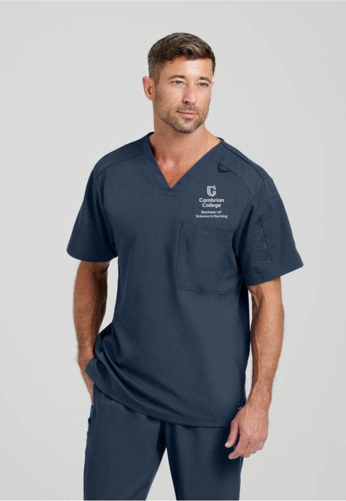 Cambrian College Nursing - Murphy Scrub Top Men's Scrub Top Grey's Anatomy Spandex Stretch Steel XS