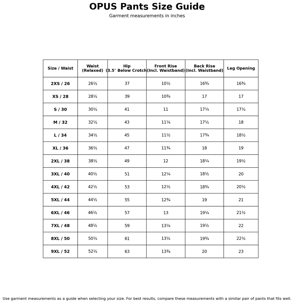 Size chart for CP180 Deluxe Cargo Pants