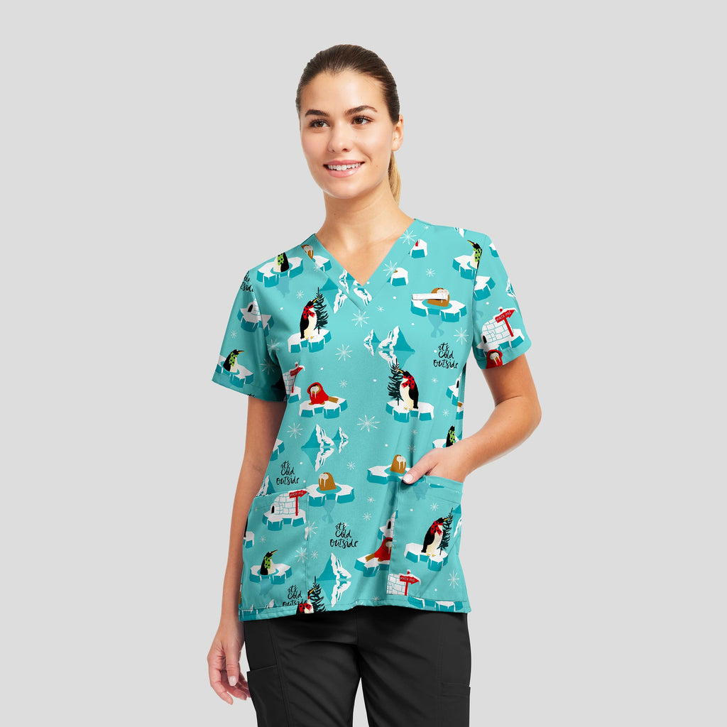 Penguins On Ice Holiday Scrub TopWhite Cross618POPL-XS