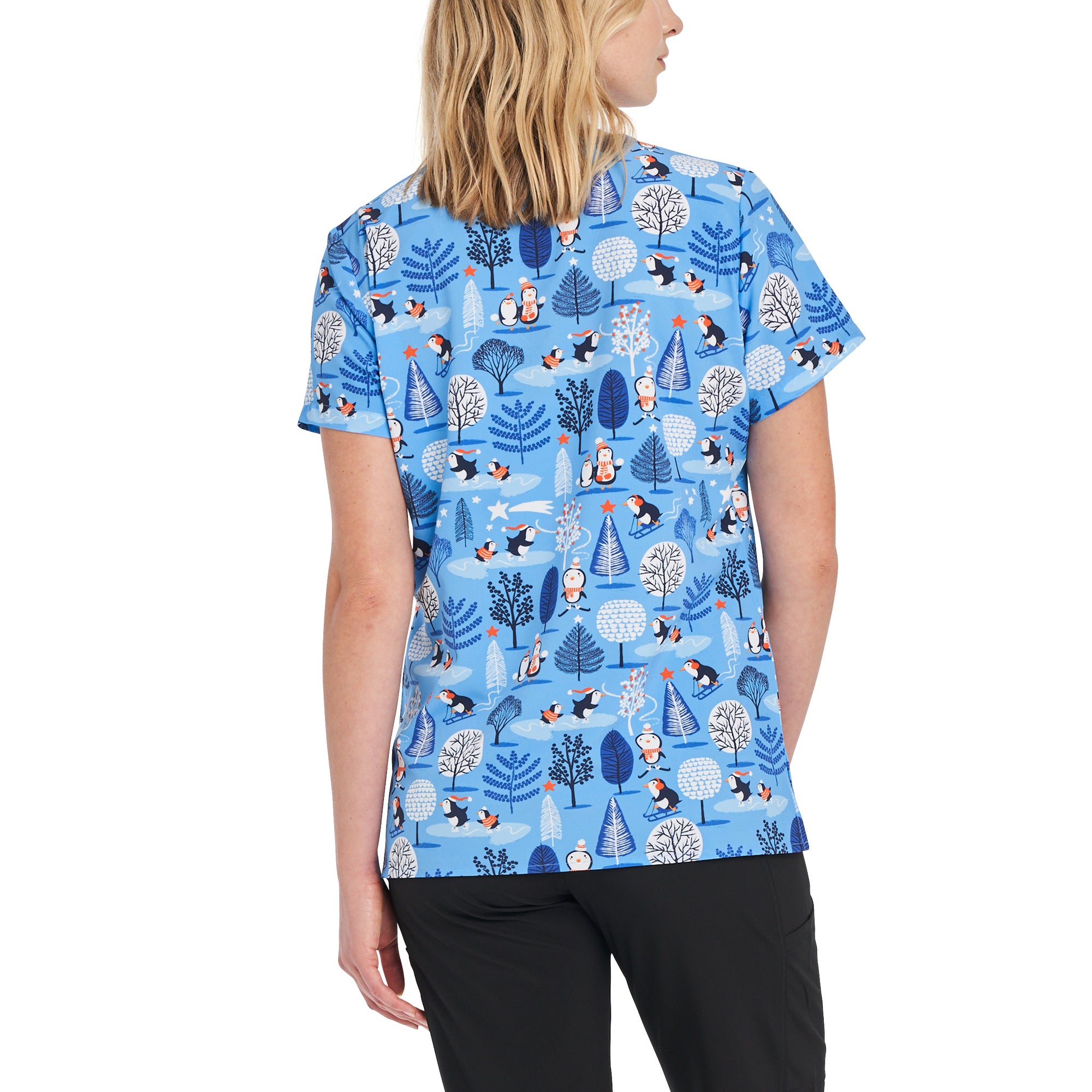Penguin Wonderland Holiday Scrub Top Women's Holiday Print Scrub Top White Cross