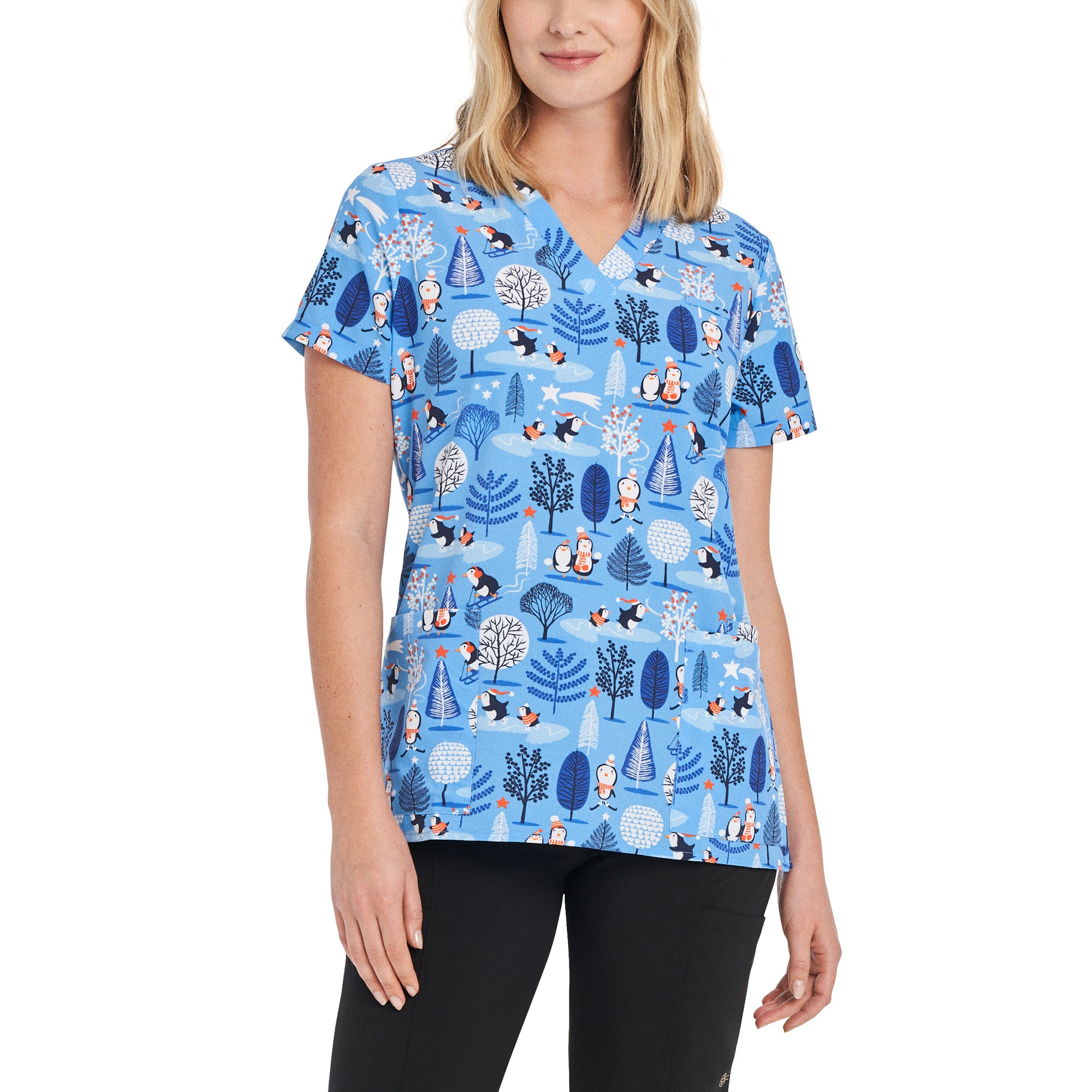 Penguin Wonderland Holiday Scrub Top Women's Holiday Print Scrub Top White Cross S