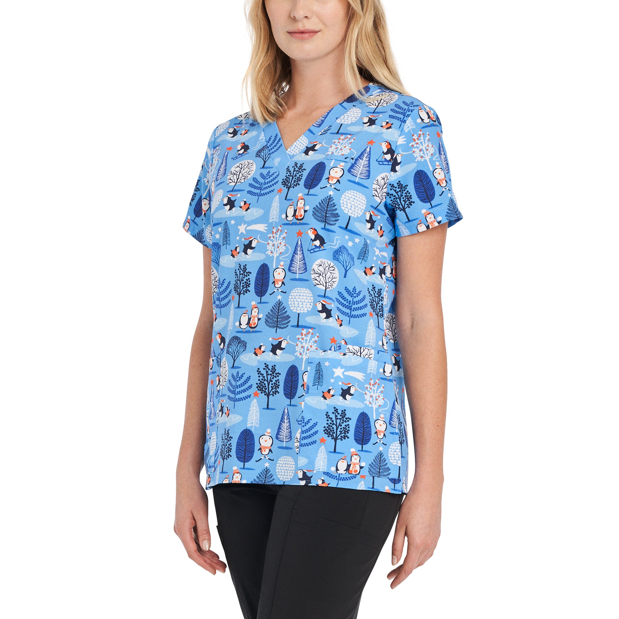 Penguin Wonderland Holiday Scrub Top Women's Holiday Print Scrub Top White Cross
