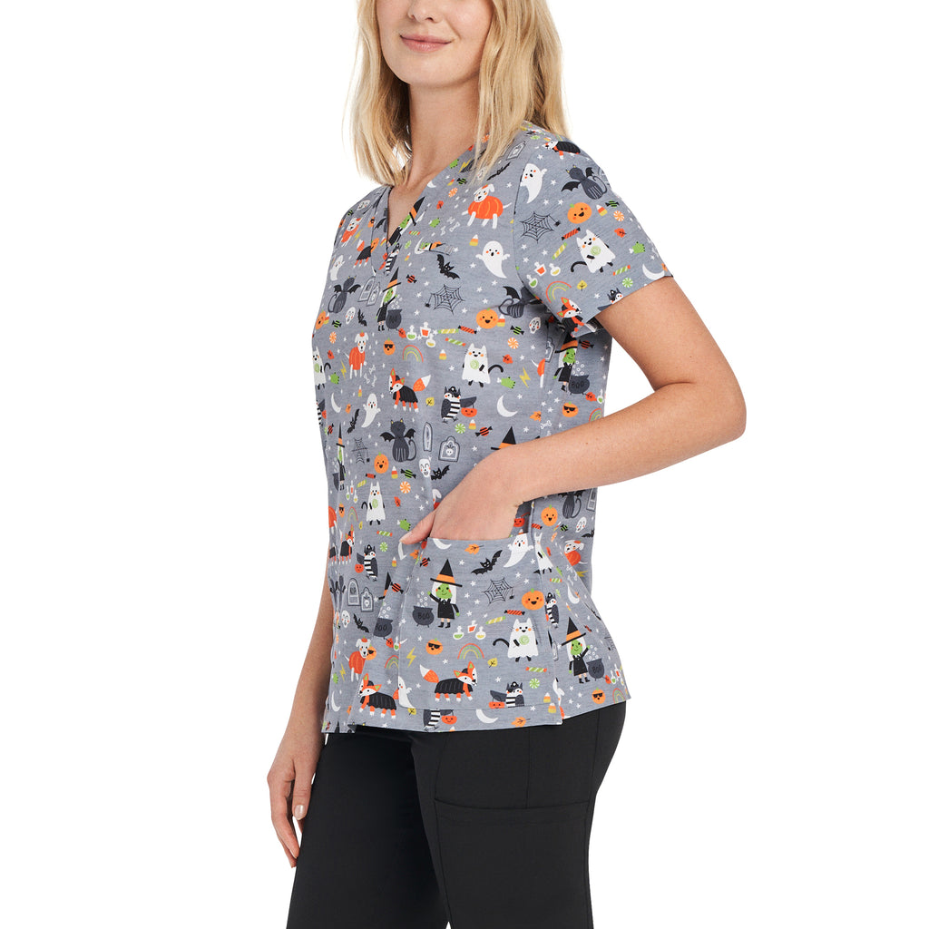 Halloween - Spooky Animal Fun Scrub Top Women's Holiday Print Scrub Top White Cross