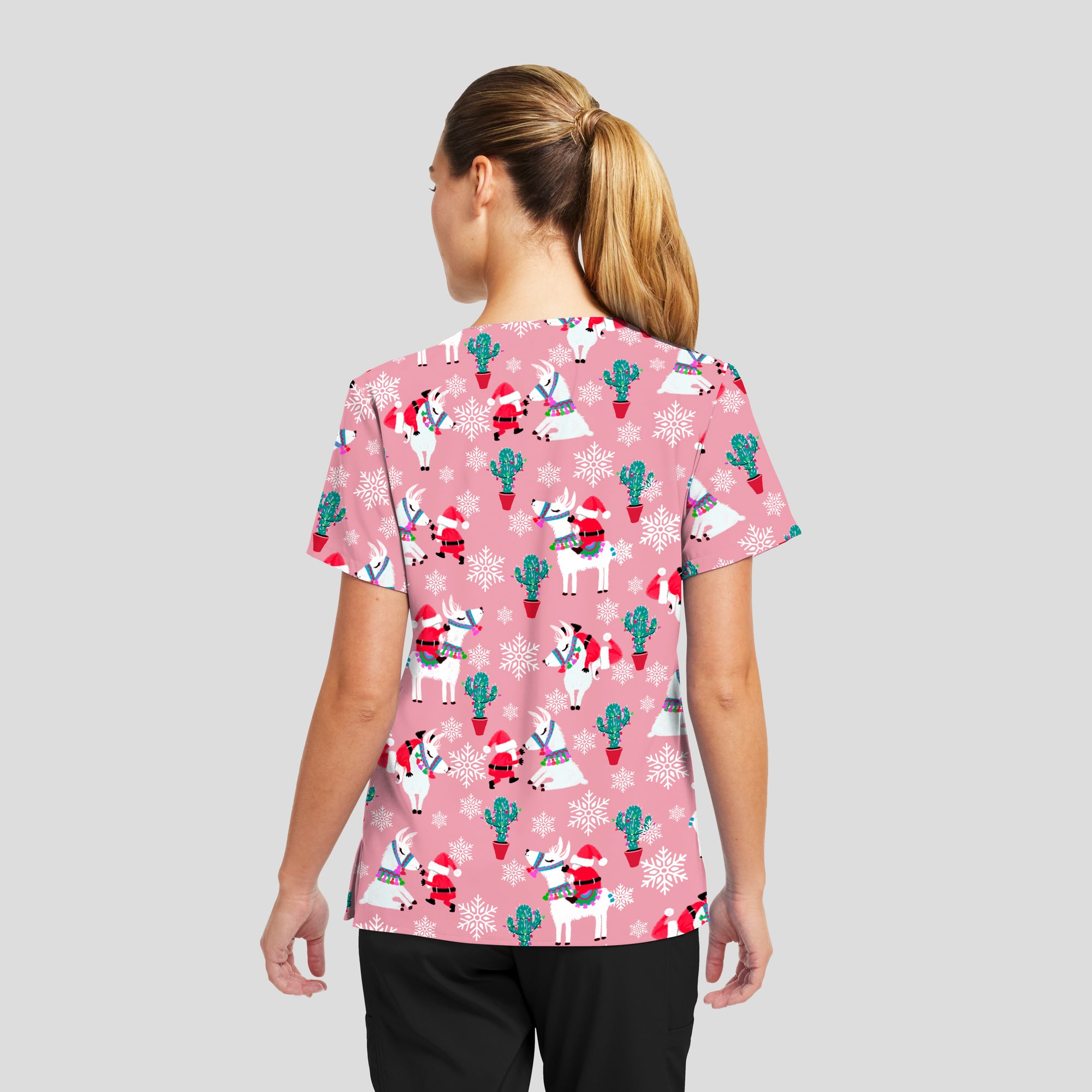 Santa's Steed Holiday Print Scrub Top Women's Holiday Print Scrub Top White Cross