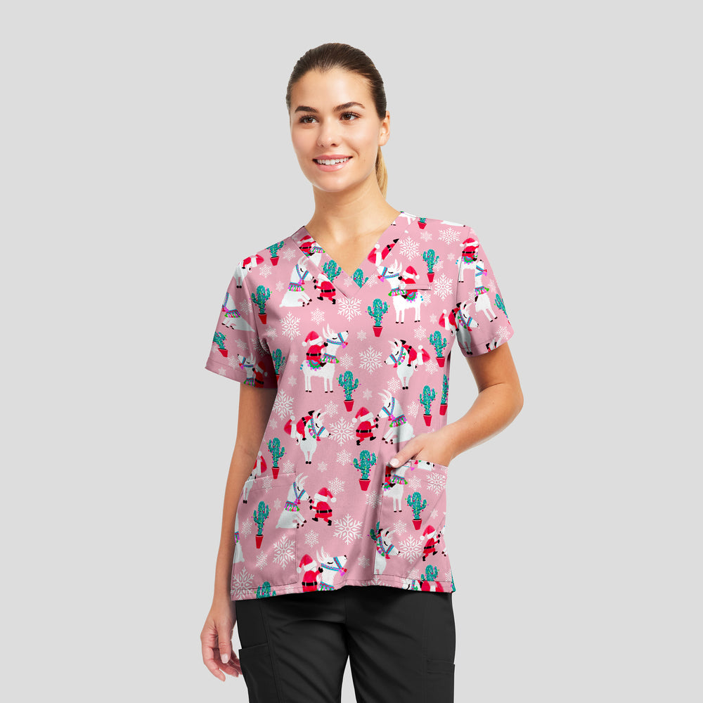 Santa's Steed Holiday Print Scrub Top Women's Holiday Print Scrub Top White Cross S