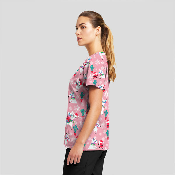 Santa's Steed Holiday Print Scrub Top Women's Holiday Print Scrub Top White Cross
