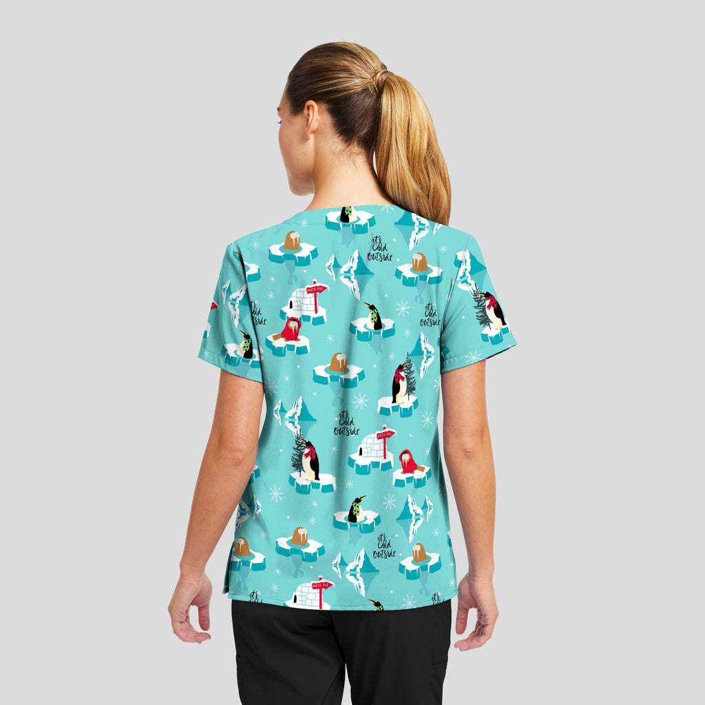 Penguins On Ice Holiday Scrub Top Women's Holiday Print Scrub Top White Cross