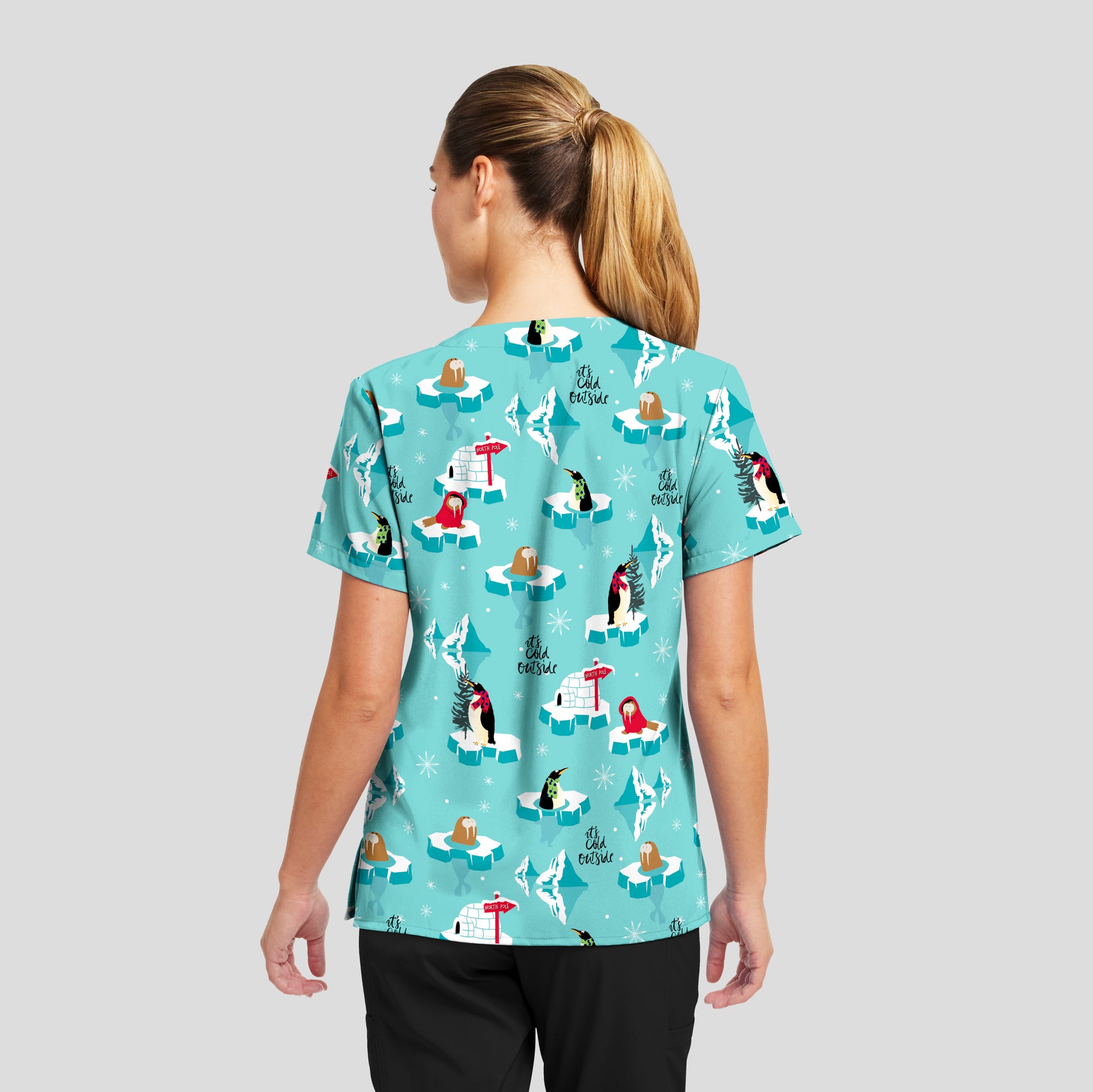 Penguins On Ice Holiday Scrub Top Women's Holiday Print Scrub Top White Cross