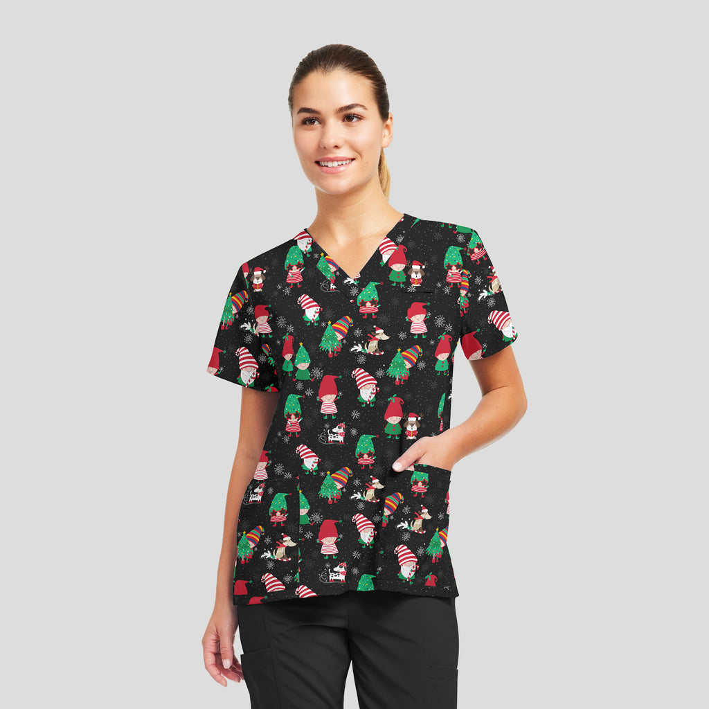 Santa's Helpers Holiday Print Scrub Top Women's Holiday Print Scrub Top White Cross S