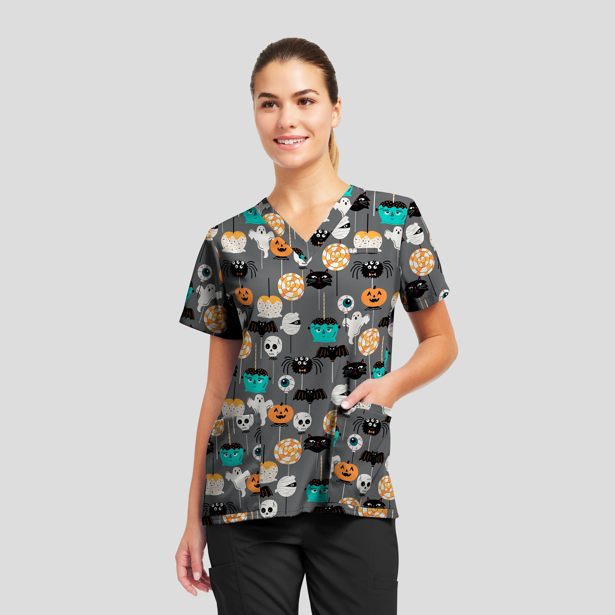Halloween Spooky Lollipops 3-Pocket Stretch V-Neck Scrub Top Women's Print Scrub Top White Cross XS
