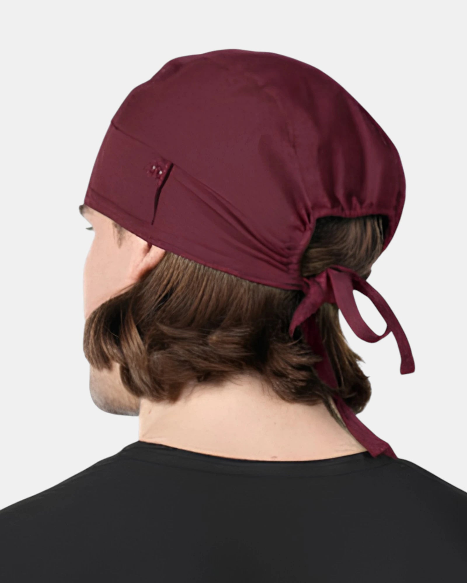Back view of the Pitt & Grûv Scrub Cap with Mask Snaps in burgundy colour.
