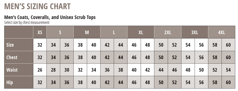 Size chart for Spun Polyester Counter Coats