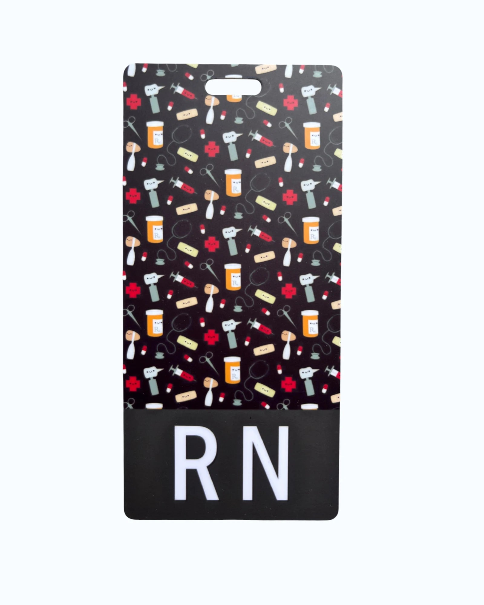 RN Designation Badge Buddy in black with cute medical icons.