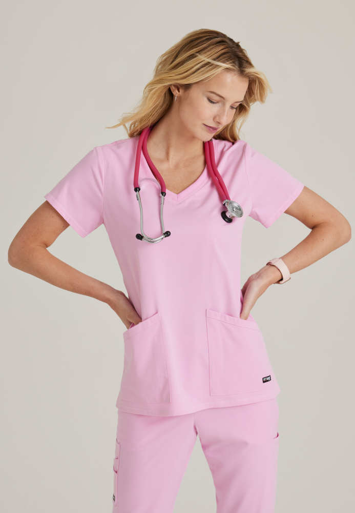 Grey's Anatomy - Serena Scrub Top Women's Scrub Top Grey's Anatomy Spandex Stretch Pink Lemonade 3X 