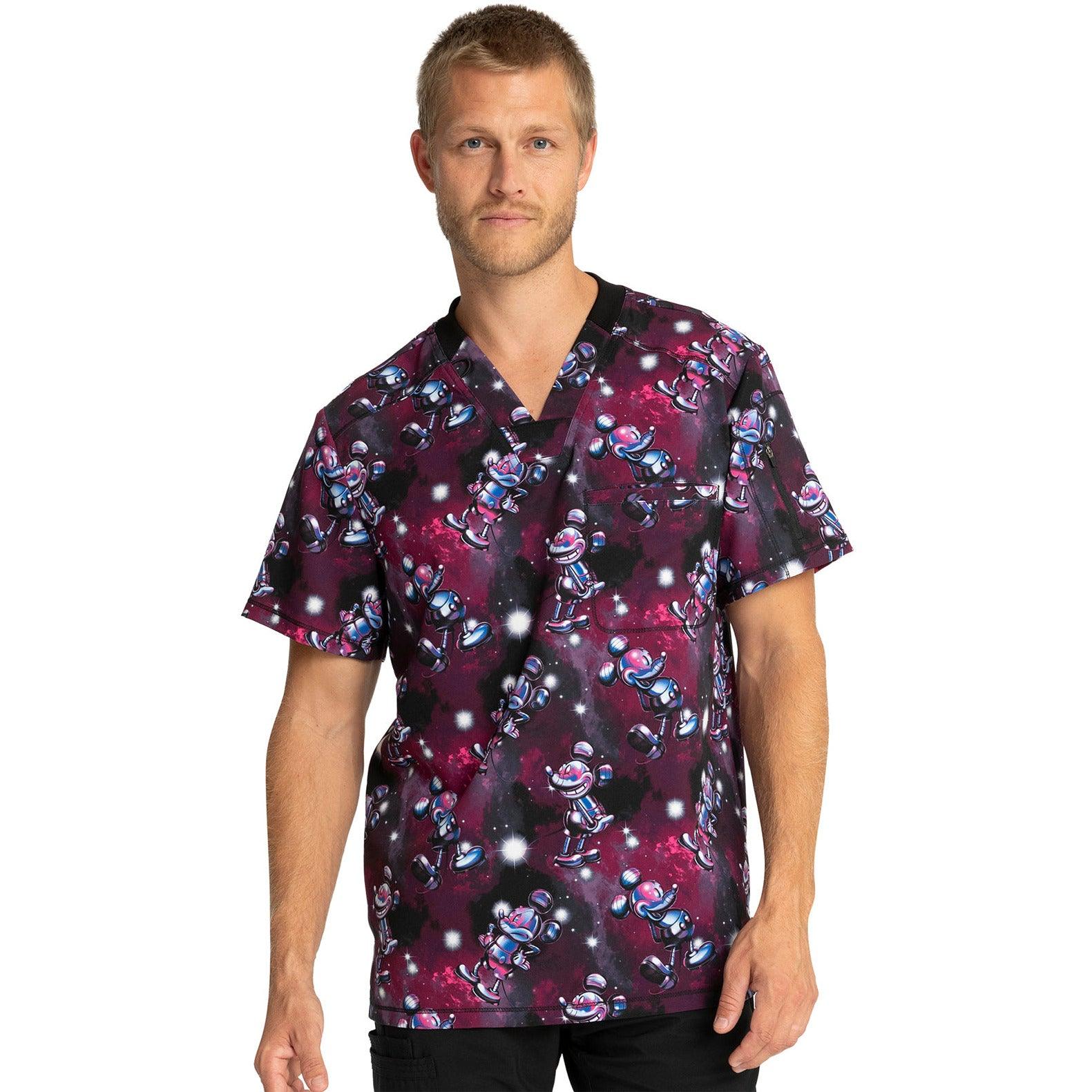 Cherokee Licensed Top - Men's V-Neck Print Scrub Top Men's Printed Scrub Top Cherokee Licensed Metallic Mickey XS 