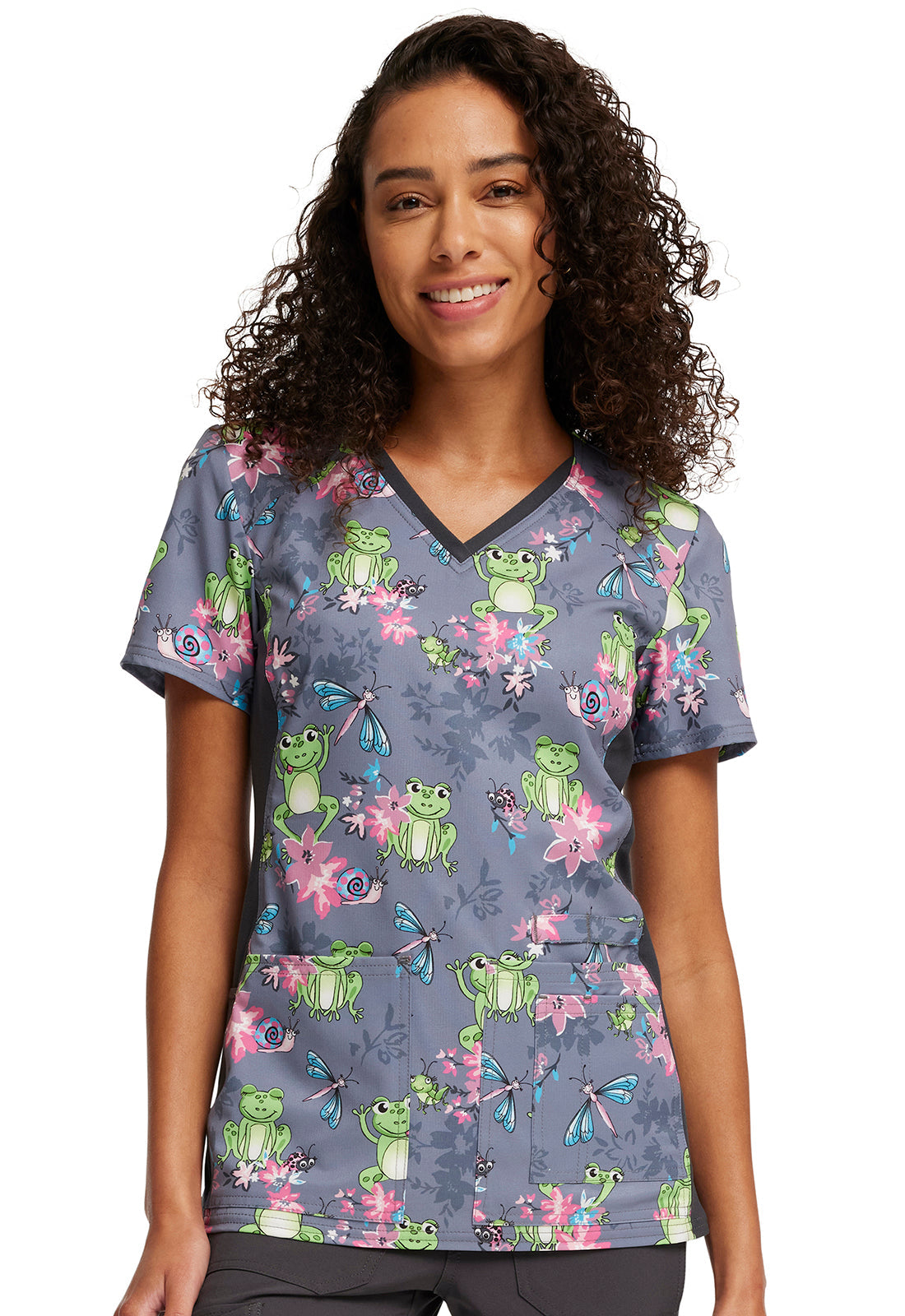 Cherokee iFlex | V-Neck Knit Panel Print Scrub Top Women's Print Top Cherokee iFlex Toad-ally Floral XXS 