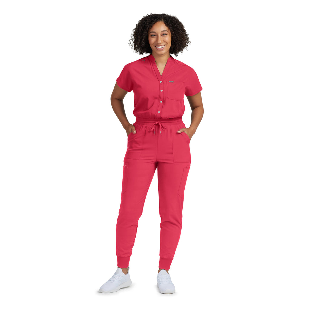 Landau Forward Cargo Scrub Jumpsuit Women's Scrub Jumpsuit White Cross Tea Berry XS