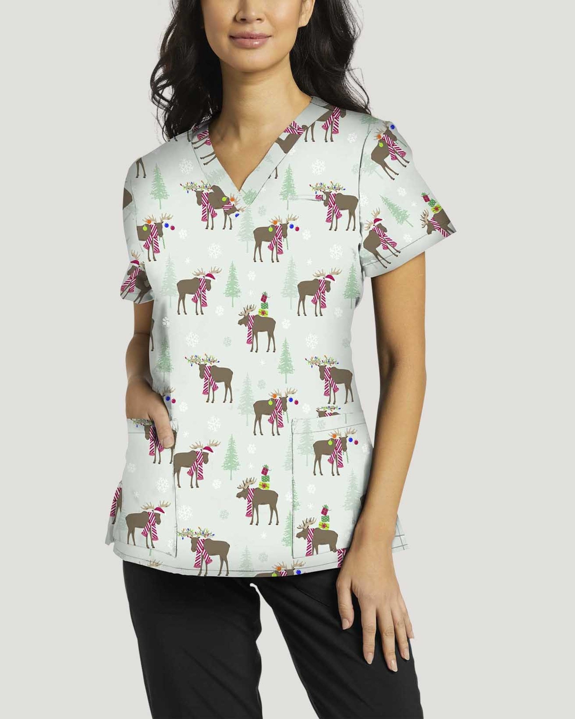 Moose Wonderful Time of the Year Scrub Top Women's Holiday Print Scrub Top White Cross S