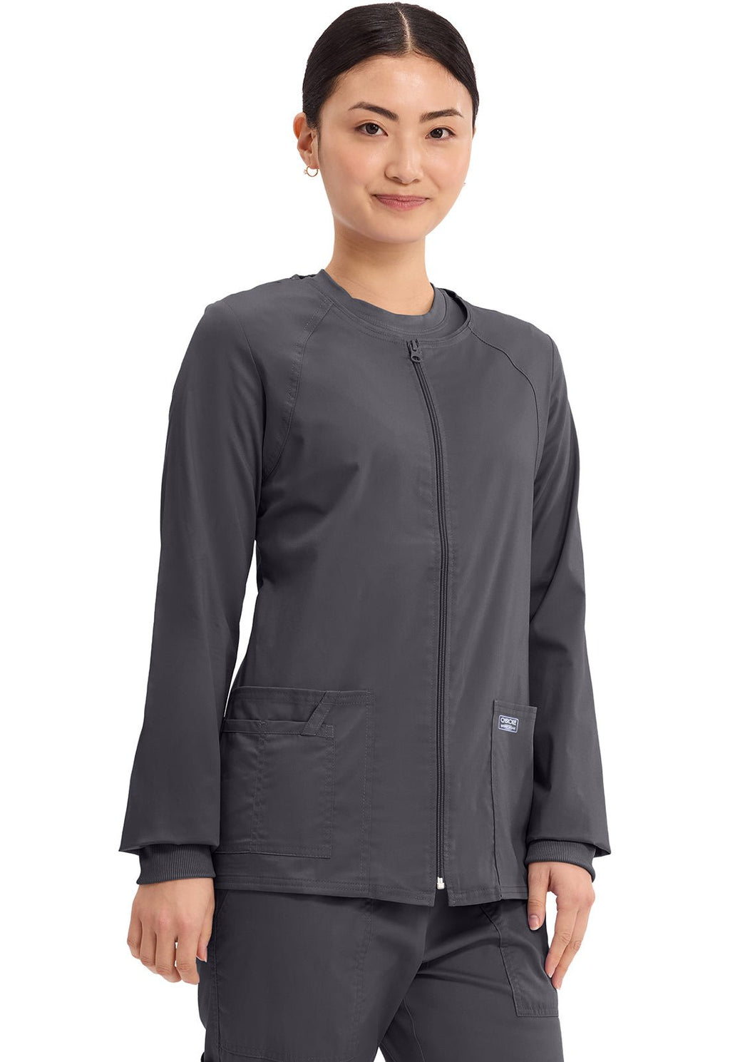 Zip Front Scrub Jacket – 3 Pockets, Knit Cuffs, Ultra SoftCherokee Core Stretch4315-PEWTERXXS