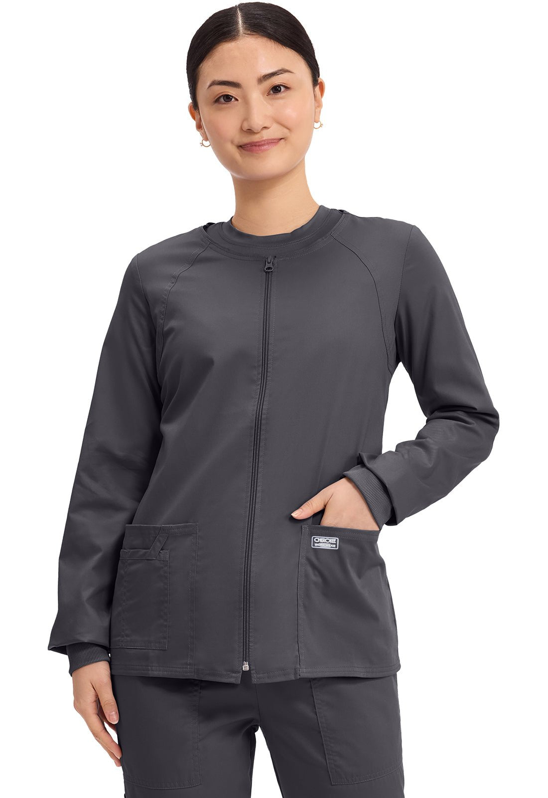 Zip Front Scrub Jacket – 3 Pockets, Knit Cuffs, Ultra SoftCherokee Core Stretch4315-PEWTERXXS