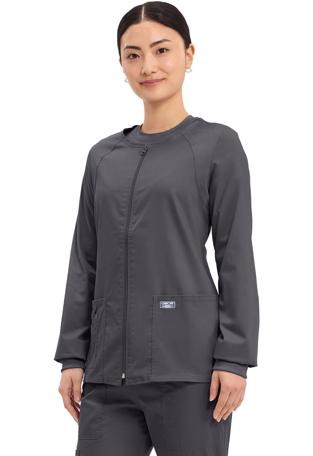 Zip Front Scrub Jacket – 3 Pockets, Knit Cuffs, Ultra SoftCherokee Core Stretch4315-PEWTERXXS